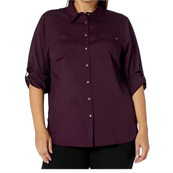 Calvin Klein Long Roll Tab Sleeve Button Front Crepe Blouse CK Eggplant Work Top - Picture 1 of 12